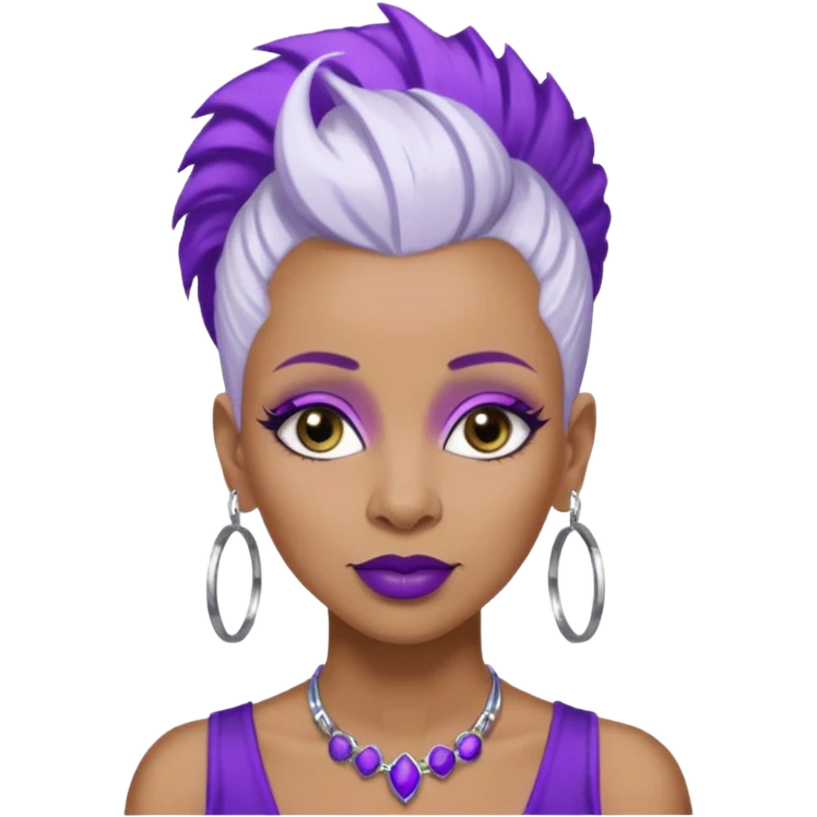 57 years young,  brown skinned Black queen with a  no hair on side and a  white mohawk hairstyle, purple lipstick,  purple eyeshadow,  droopy looking  eyes, hoop  design 
 earrings with the name Draya personalized on them.  emoji