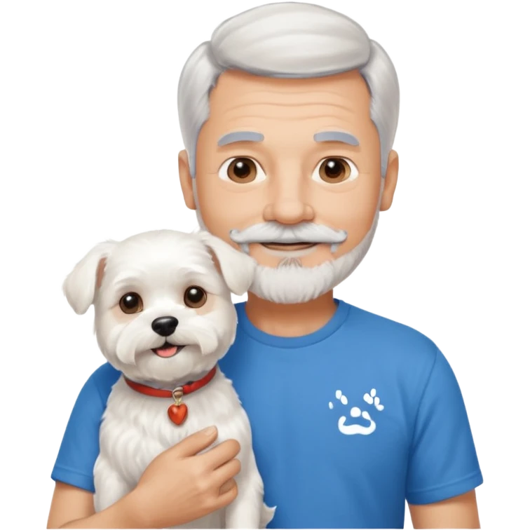 handsome gentleman, 60 years old, short silver hair, beard and moustache, wearing a blue t-shirt, smiling and holding a maltese dog emoji