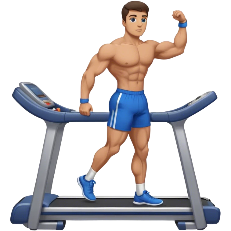 brunette male bodybuilder blue shorts treadmill emoji