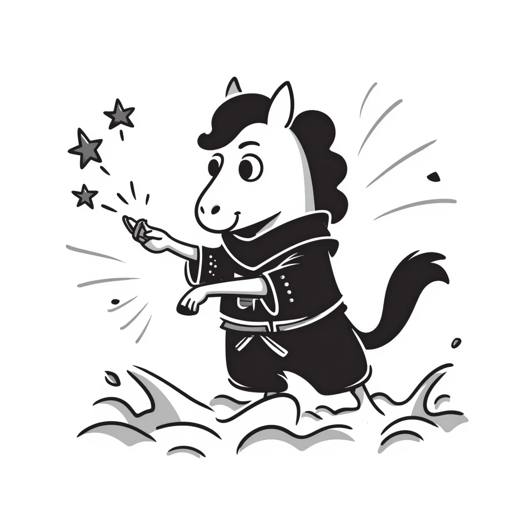Mystical water horse with ninja outfit, throwing ninja stars emoji