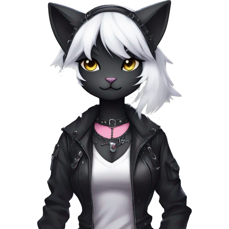Gorgeous furry gothic dark techwear anime style anthro black cat furry sona Fakemon with blushing face aesthetic and pretty edgy black with collar and harness trending style emoji