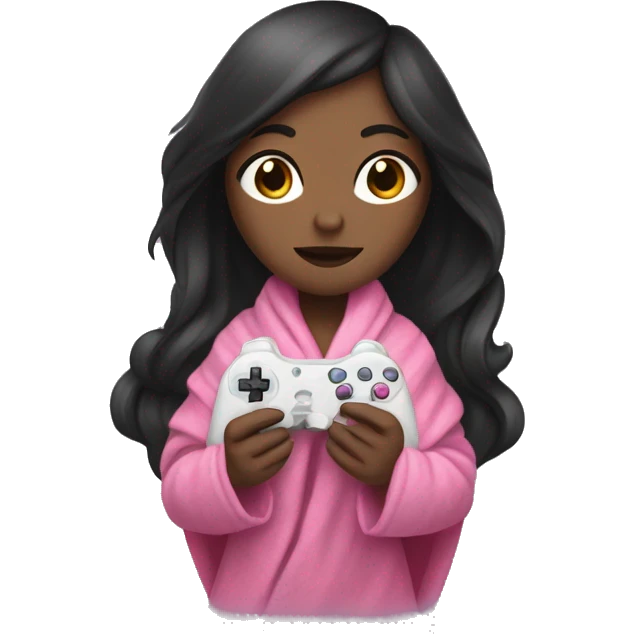 White girl with dark hair wrapped up in a blanket with a pink gaming controller in her hands emoji