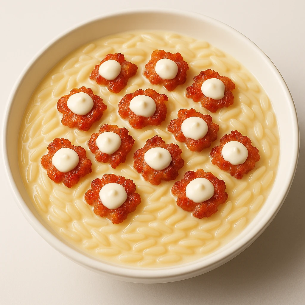 A plate of risoni, topped with small pieces of bacon with cream on top of the bacon. emoji