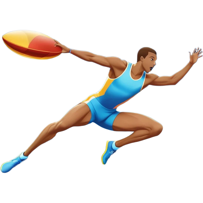 An icon showcasing  a sprinter in full speed, a high jumper soaring over the bar, a long jumper taking off, and a discus thrower in motion. The background features a vibrant stadium with cheering crowds, bright lights, and a clear sky.  emoji