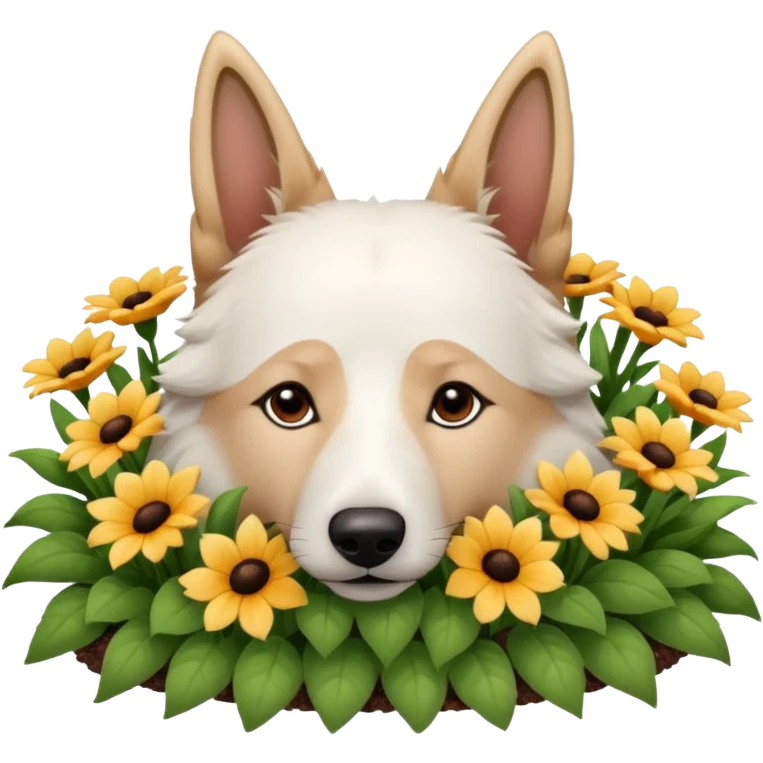 White Belgian shepherd dog with Brown eyes sleeping On a flowerbed emoji