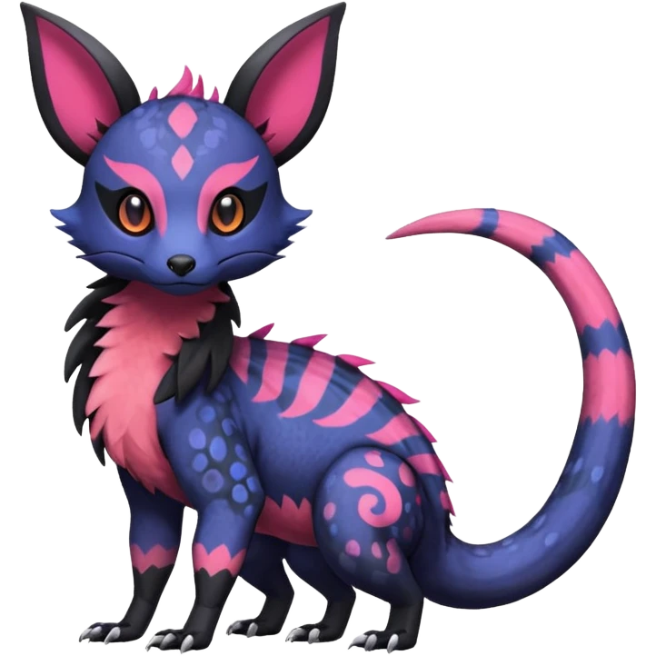 Rare epic aesthetic colorful Salandit-Noibat-Eevee-Civet-species-Fakemon-hybrid-creature, with markings, full body emoji