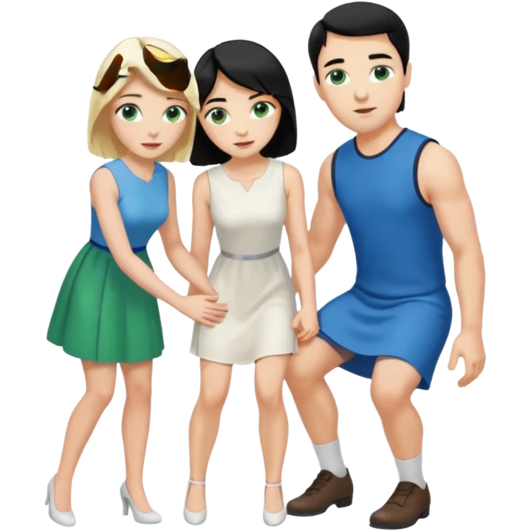 prince, black hair, blue eyes, garment,  woman, blonde Hair, green eyes, bending knee, sleveless white dress, emoji