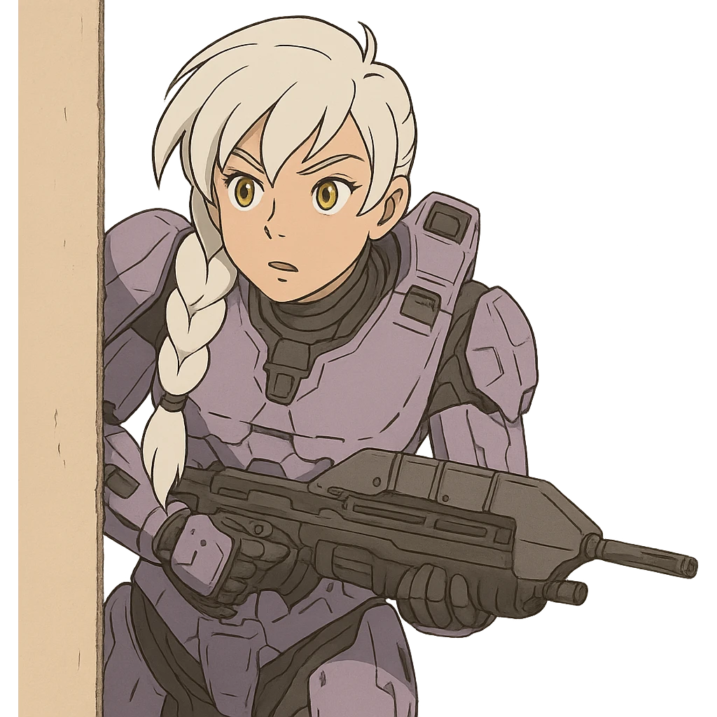 female, wearing reach spartan armor default, long white braid hair with massive messy front side single bangs, gold yellow eyes, attention pose, HALO:series, no helmet, the armor is lavender color scheme, shoulder pad off. DDD bust size fitting. Punk gothic cyberpunk, peeking around a corner wall brandishing a classic halo1 AR emoji
