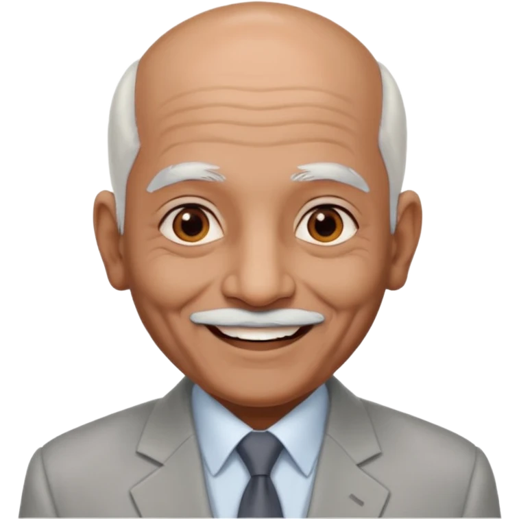70 yr old indian man, almost bald, some white hair, light grey business suit, big smile, dark brown skin, no moustache, dark brown eyes
 emoji