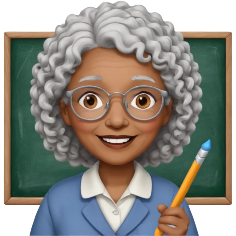old woman teacher, brown skin, curly grey white hai, wearing glasses, hold chalk on hand emoji