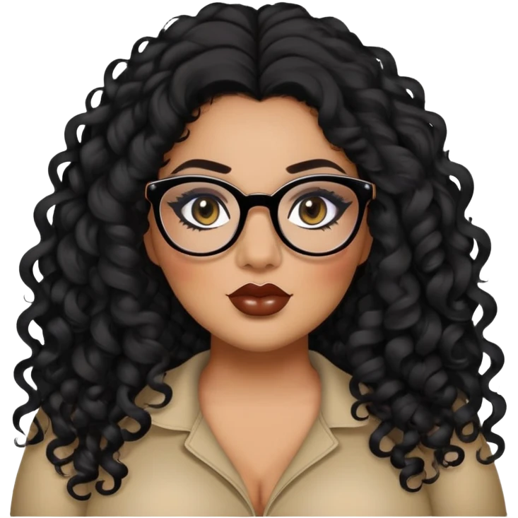 glasses, big plus size, darker tan skin, long black curly hair, baddie,pretty, makeup, lipliner, black eyeliner, long hair emoji