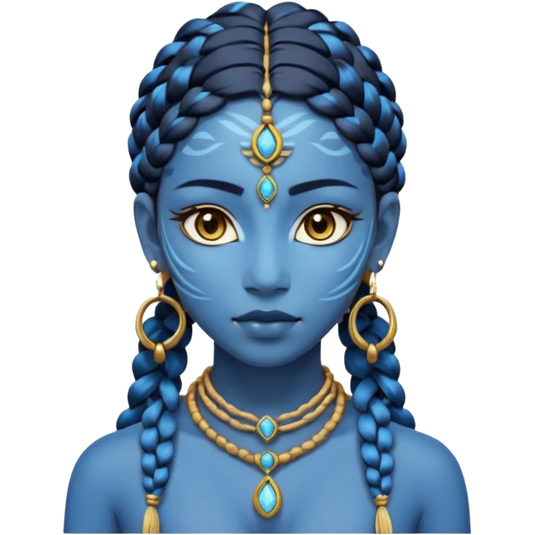 Illustrate a Pandora-style female avatar with radiant blue skin, intricate facial markings, twin braids flowing down, and deep luminous eyes. She wears golden earrings and a tribal rope necklace with a gem, her calm yet powerful gaze reflecting the spirit of the Na’vi. emoji