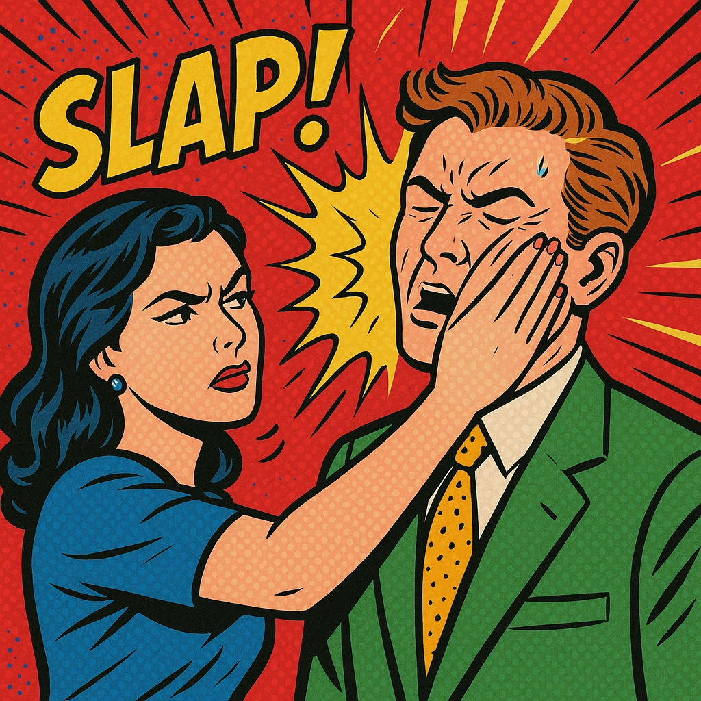 a woman delivering a slap to a man's face, with onomatopoeia 'SLAP!' and vibrant colors emoji