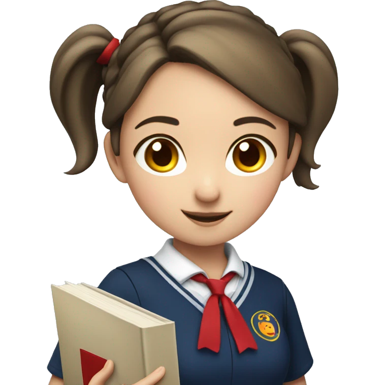 girl in a dark blue school uniform with a red collar, with two pigtails and a book in her hands emoji