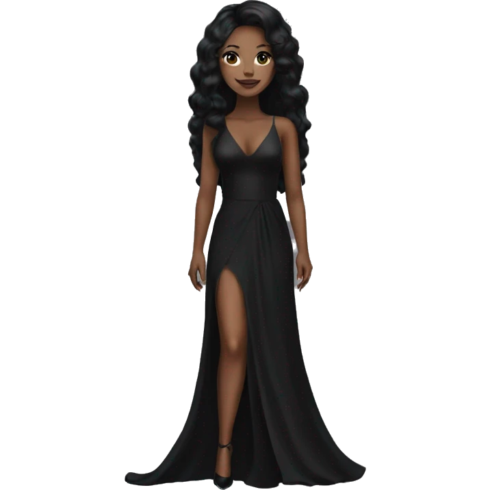 A tall girl with make-up black long hair, black long dress and black heels emoji