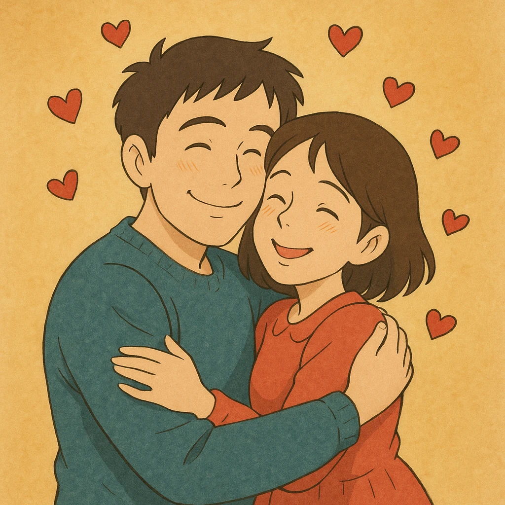 Transform this man and woman into a loving couple in Ghibli style, hugging with hearts around them emoji