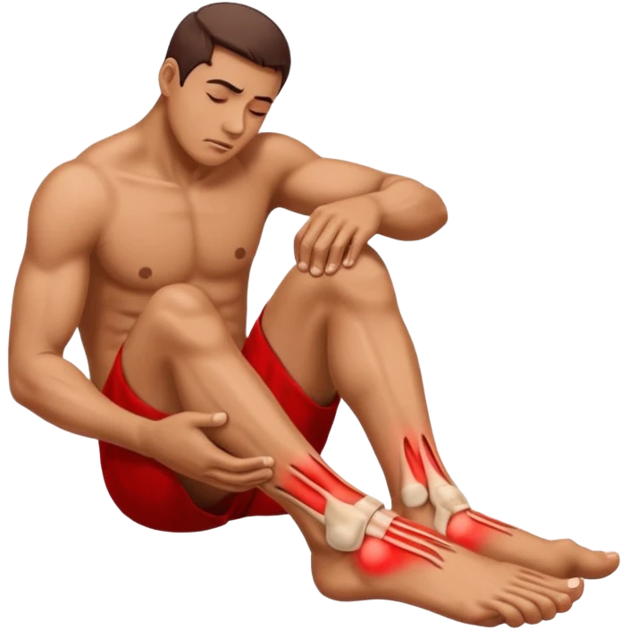 Man holding his foot in pain, muscle cramp in feet, red pain highlight on foot, simple medical emoji style, clean background emoji
