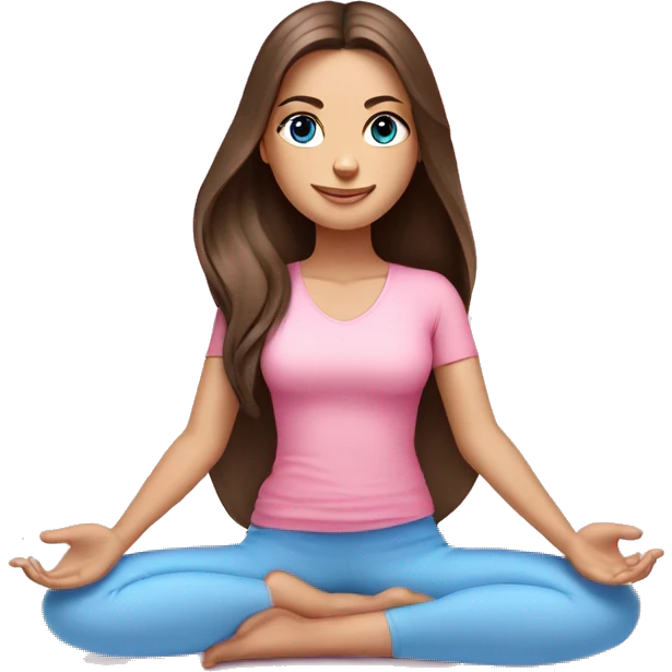 Brunette long hair and blue blue eyes yoga beautiful girl in light pink pink pink clothes sitting on a yoga mat emoji