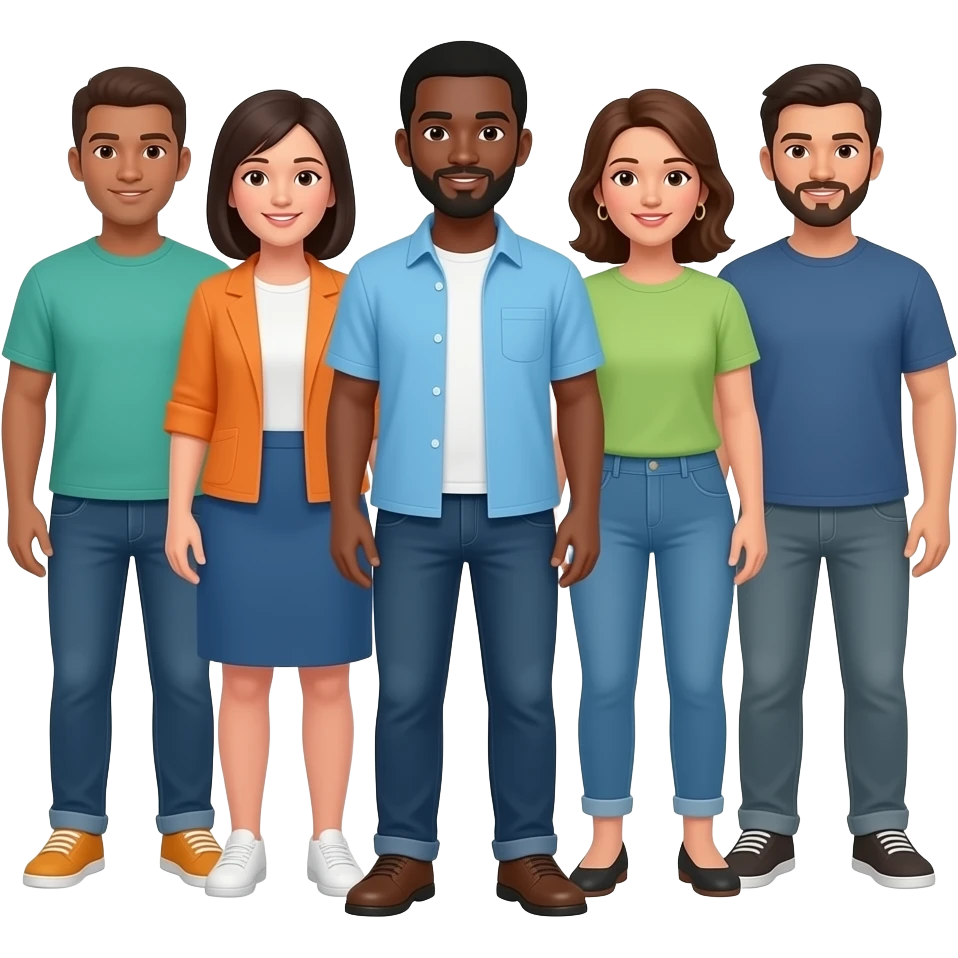 Minimalist flat design icon of a group of full-body diverse people (only one black person) standing together, representing general population, inclusive and modern style, soft gradient (blue, green, and orange), no text, transparent background emoji
