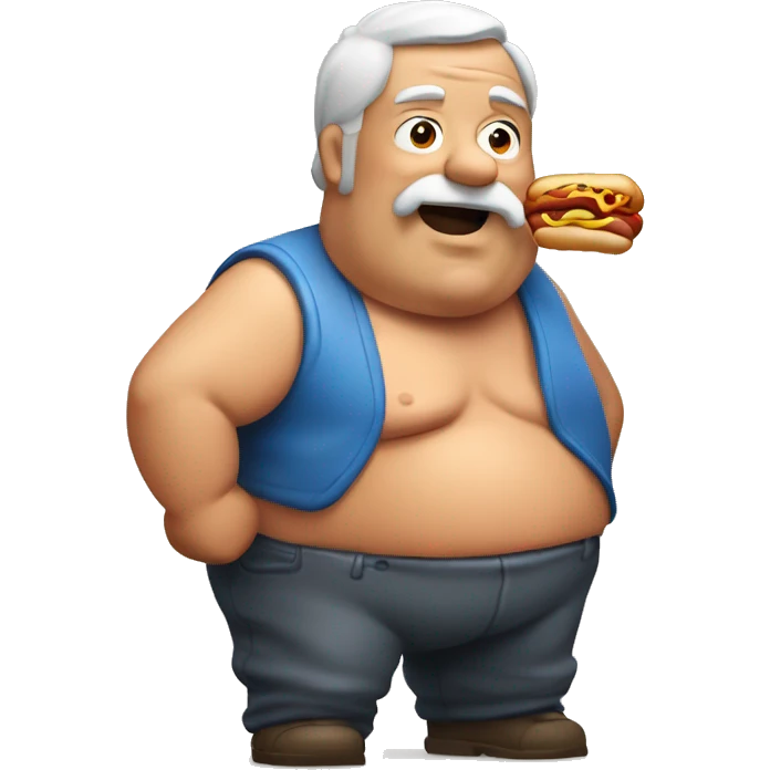 Shirtless Fat old man holding a hotdog with relish emoji
