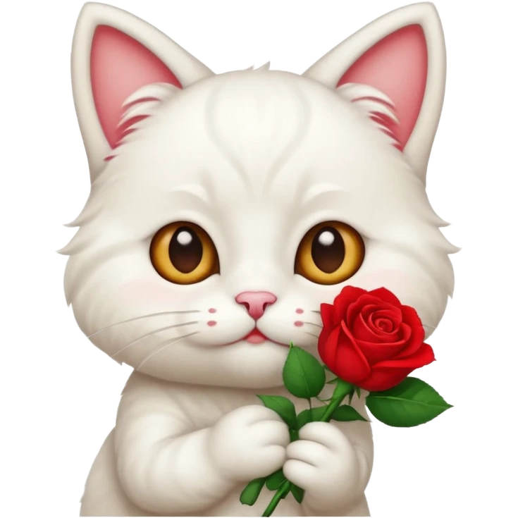 Cute emoji-style white cat holding a red rose in its mouth, big round eyes, fluffy fur, clean mascot style, centered, transparent background, 1:1 ratio. emoji