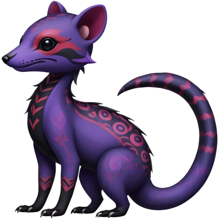 Rare warm-colored exotic gloomy tropical edgy cute epic aesthetic spooky indigo violet purple black red gothic colorful Salandit-Civet-species-Fakemon-hybrid-creature, with tribal tattoo markings, full body emoji