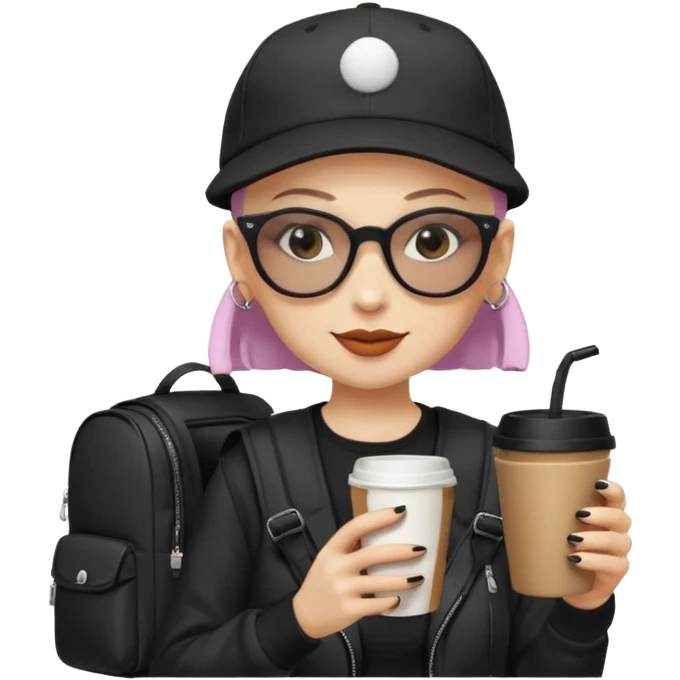 ["A happy woman with light skin, bald, wearing a baseball cap and sunglasses, dressed in goth fashion, is drinking coffee while holding a backpack."] emoji