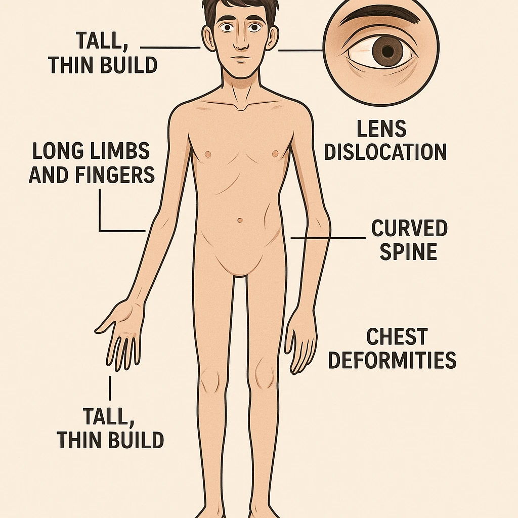 educational graphic of a person with Marfan syndrome, focusing on physical appearance: tall, thin build, long limbs and fingers, curved spine, chest deformities, and possible lens dislocation in the eyes, with clear labels for each feature, clear and informative style, suitable for general public audience emoji