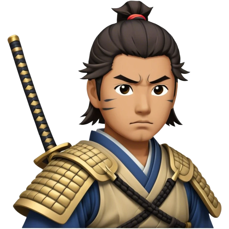 Cinematic Realistic Samurai Pop Culture Emoji, depicted with a noble, stoic portrayal of a samurai warrior rendered with crisp detail and dramatic, traditional lighting. emoji