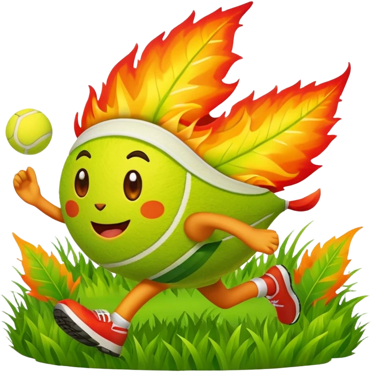 cartoon characters from bfdi, including a leaf, fire, and tennis ball, happily running in a grassy field emoji