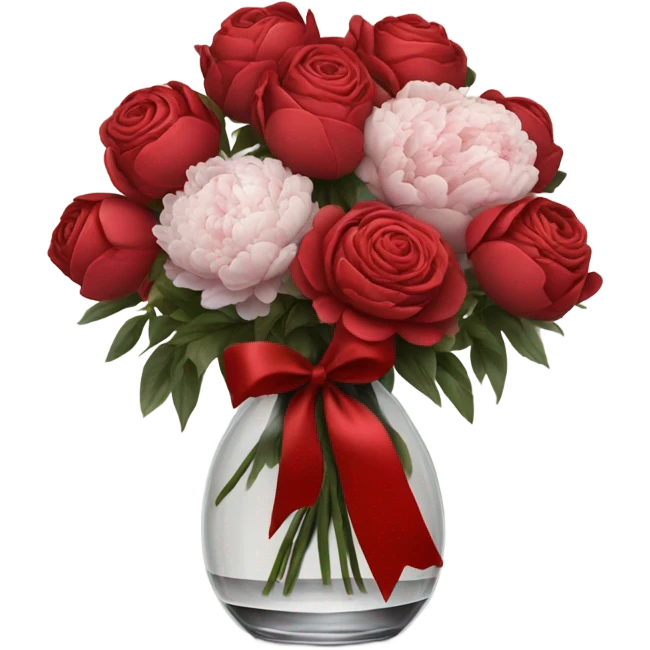 red and black bouquet of roses and peonies tied with a red ribbon in a glass vase emoji