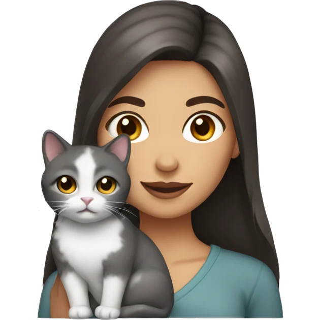 Woman with dark brown hair and brown eyes holding a gray fluffy cat emoji