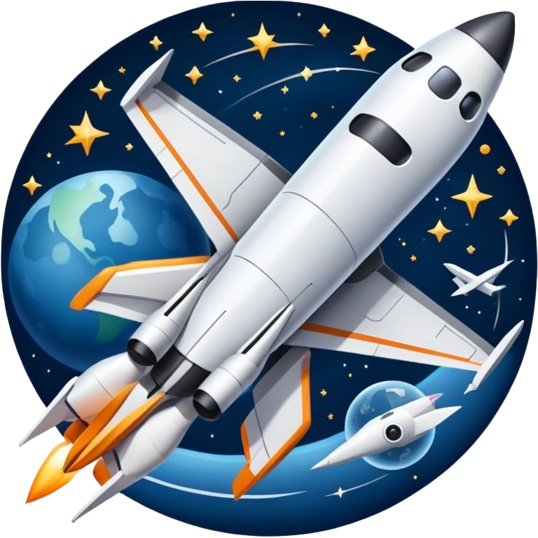 An icon featuring a space shuttle, a drone, and an airplane against a starry sky, symbolizing aerospace technology. The design includes rocket boosters and satellite orbits, representing the exploration of space and advanced aviation. Transparent background emoji