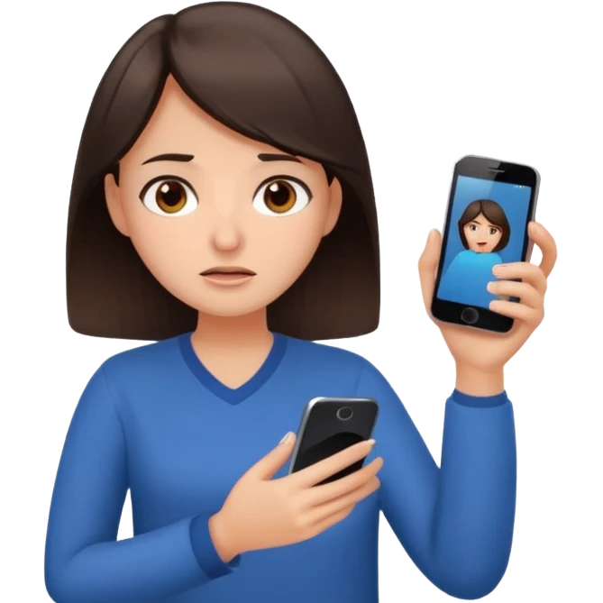 Social media manager. She has dark brown hair, brown eyes, overwhelmed expression, tired eyes, slightly stressed face,a holding a smartphone with notifications piling up emoji