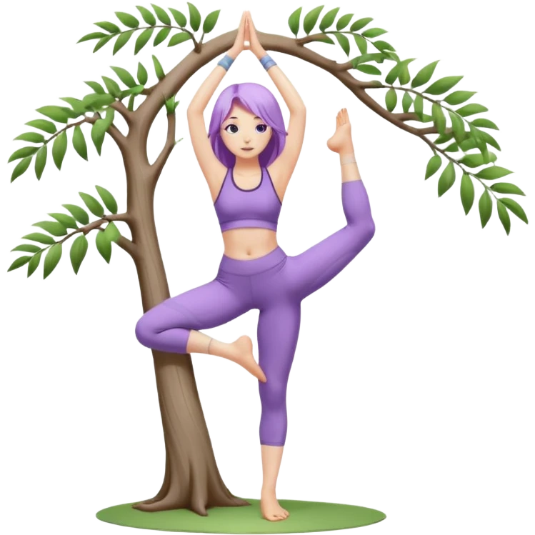 Девушка белокожая, с длинными светло-фиолетовыми волосами, в одежде для йоги, стоит в позе дерева на одной ноге, вторая нога согнута, руки вверху ладонь к ладони, в стиле бимбо пилатес, без лишних конечностей, без деревьев на фоне emoji