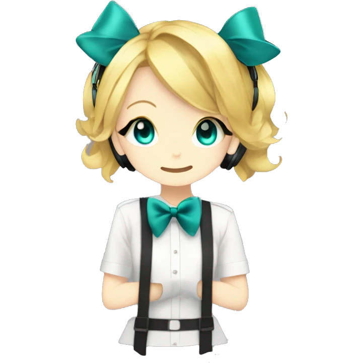 Kagamine rin, she has a bow a sigh headphones+mic and bowtie with Teal eyes emoji