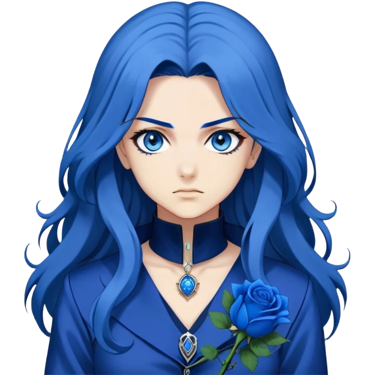 head portrait of anime girl with long dark blue hair, blue rose in hair, bright blue eyes, dramatic JoJo's Bizarre Adventure style, bold outlines, intense expression emoji