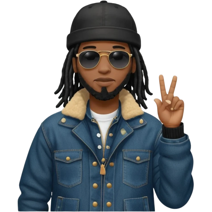 African American man with shoulder length black dreadlocks wearing black sunglasses with black bubble winter coat wearing a New York Yankees baseball hat wearing denim skinny jeans and timberland boots with finger pointing to his head emoji
