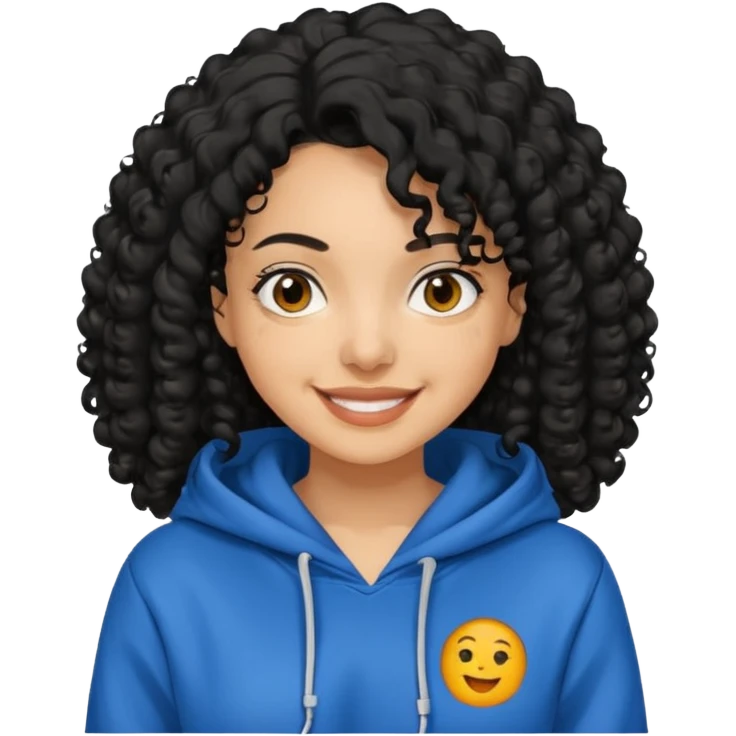 A women with a black curly hair who wear a hoodie and that hoodie have a some smorf emoji