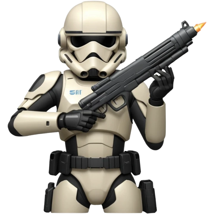 A joking DARK Trooper from Star Citizen, a skifi space Game. With a futuristic gun sticking to His back emoji