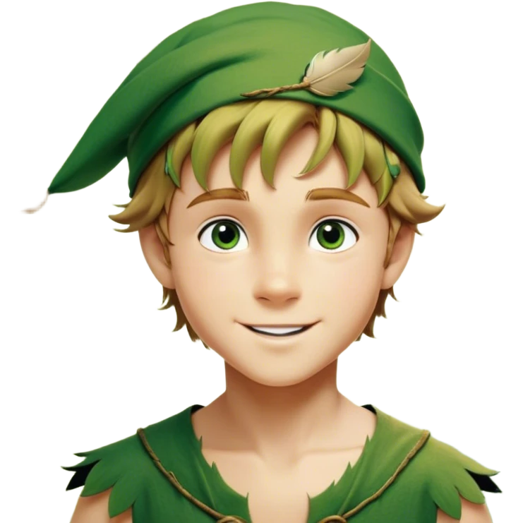 Cinematic Realistic Peter Pan Portrait, depicted with lifelike, youthful skin touched by a gentle sun-kissed glow. His bright, expressive eyes and confident smile evoke a timeless sense of wonder. Dressed in his iconic green tunic and feathered cap, every detail is rendered with soft, natural lighting that highlights his blend of innocence and courageous spirit. emoji