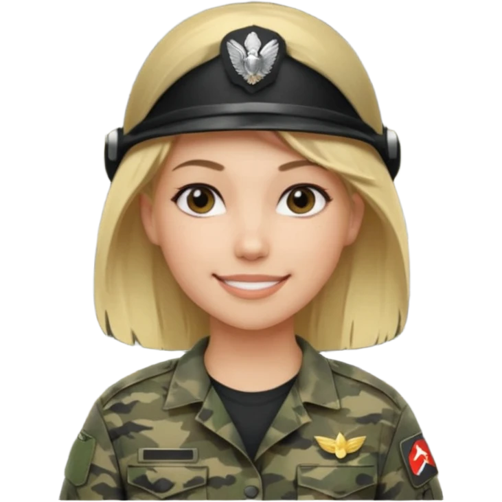 Apple-style emoji: female soldier, bust, no cap/helmet, friendly smile, generic camo top,  black color blonde hair emoji