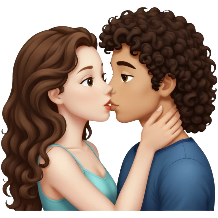 long light brown hair girl with pale skin and boy with dark curly hair and tanned skin kissing emoji