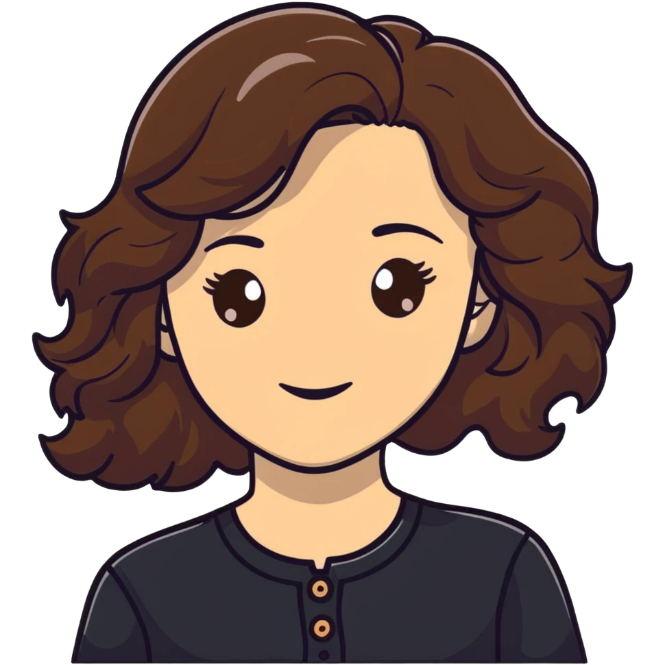 27 year old Caucasian woman with fair skin, brown eyes, long wavy dark brown hair, wearing a black top with a button emoji