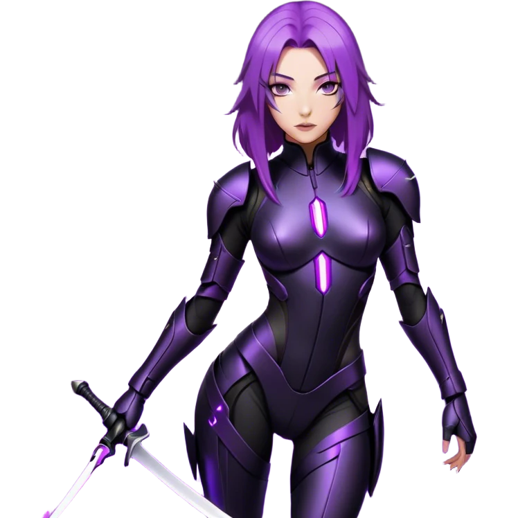 A sleek warrior woman with flowing purple hair, her sharp violet eyes glowing with quiet intensity. She wears a form-fitting black armored suit with smooth, seamless plating, a fusion of high-tech design and elegant minimalism. The matte black surface subtly reflects the dim ambient light, highlighting the streamlined contours of her suit. A slim, obsidian blade rests at her side, its edge barely visible in the soft glow of floating digital glyphs around her. Her expression is poised—calm, calculated, and unwavering, standing against a gradient-lit backdrop, where darkness meets the faintest hint of neon luminescence. emoji