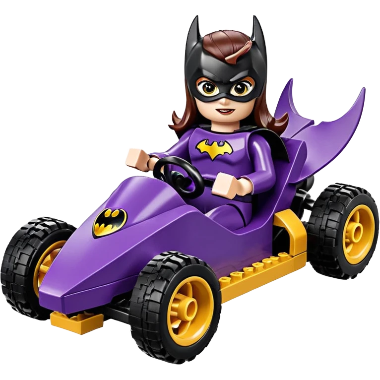 full size real-appearance electric road racing sexy BatGirl’s feminine midnight-colored tight outfit sixty’s tv show Lego dark stealthy accurate sporty safe plush deluxe off-road pursuit cruiser car rose gold accents (black hair,reclined and relaxed torso and shoulders seating position) go kart  emoji