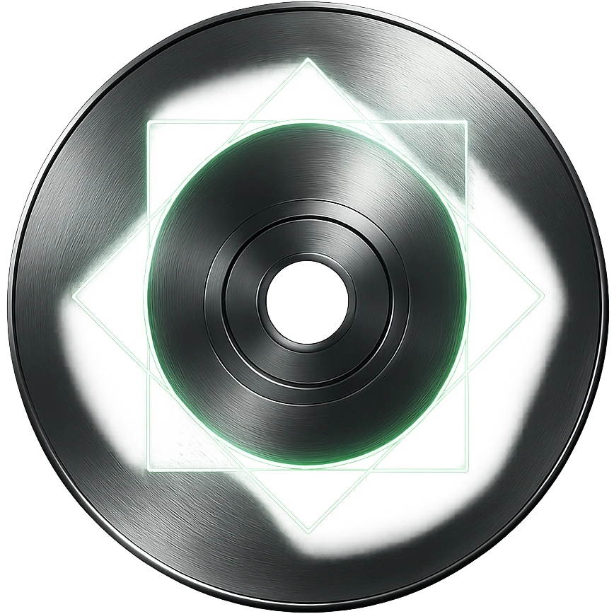 A minimalist CD disc with geometric pattern, glowing effect, green color, chrome style. emoji