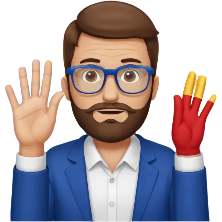 A brown-haired man with a designer stubble beard and rectangle glasses. He pose to show him shrugging - raise both shoulders up in a "I don't know" gesture, In the background the Romania flag. emoji