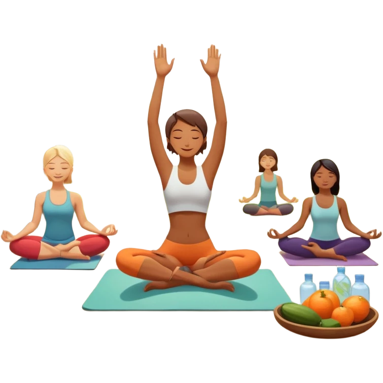 A person moves through a gentle yoga pose in the morning sun, one hand reaching up, the other near a plate of vibrant whole foods and a bottle of water. A cozy bed sits behind them, glowing softly. Nearby, a small group of friends laughs together under a tree—health, movement, nourishment, rest,  emoji