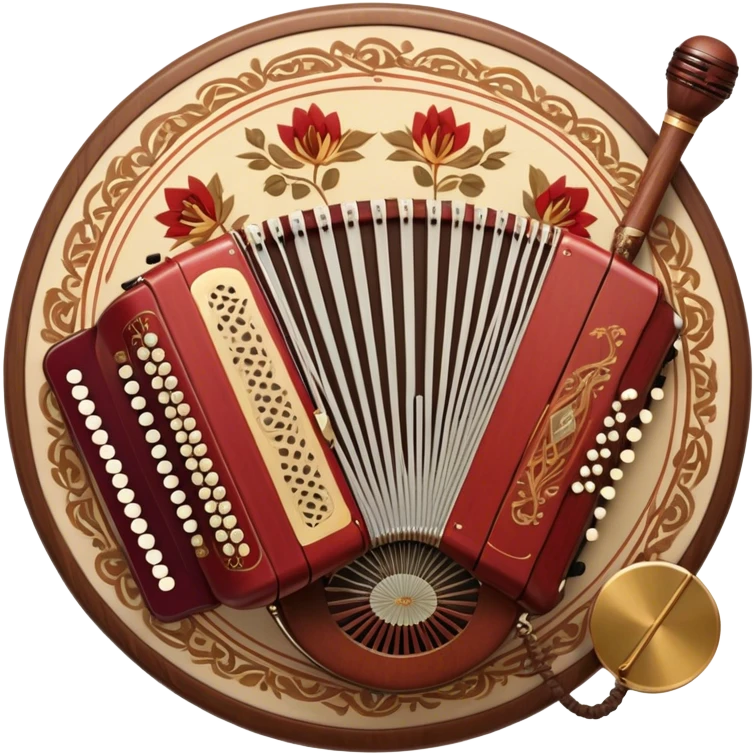 Create a warm and authentic humanless emoji representing folk singing. The design should feature a traditional folk microphone at the center, surrounded by classic instruments such as a bayan (button accordion), gusli (a traditional Russian zither), and a tambourine. Arrange these instruments in a harmonious, circular pattern to evoke a sense of folk music and community performance. Use natural, earthy colors like wood brown, deep red, and golden accents to reflect the rustic and heartfelt spirit of folk music. Add subtle musical notes to the background to convey the rhythm and harmony of the performance. The background should be transparent. emoji